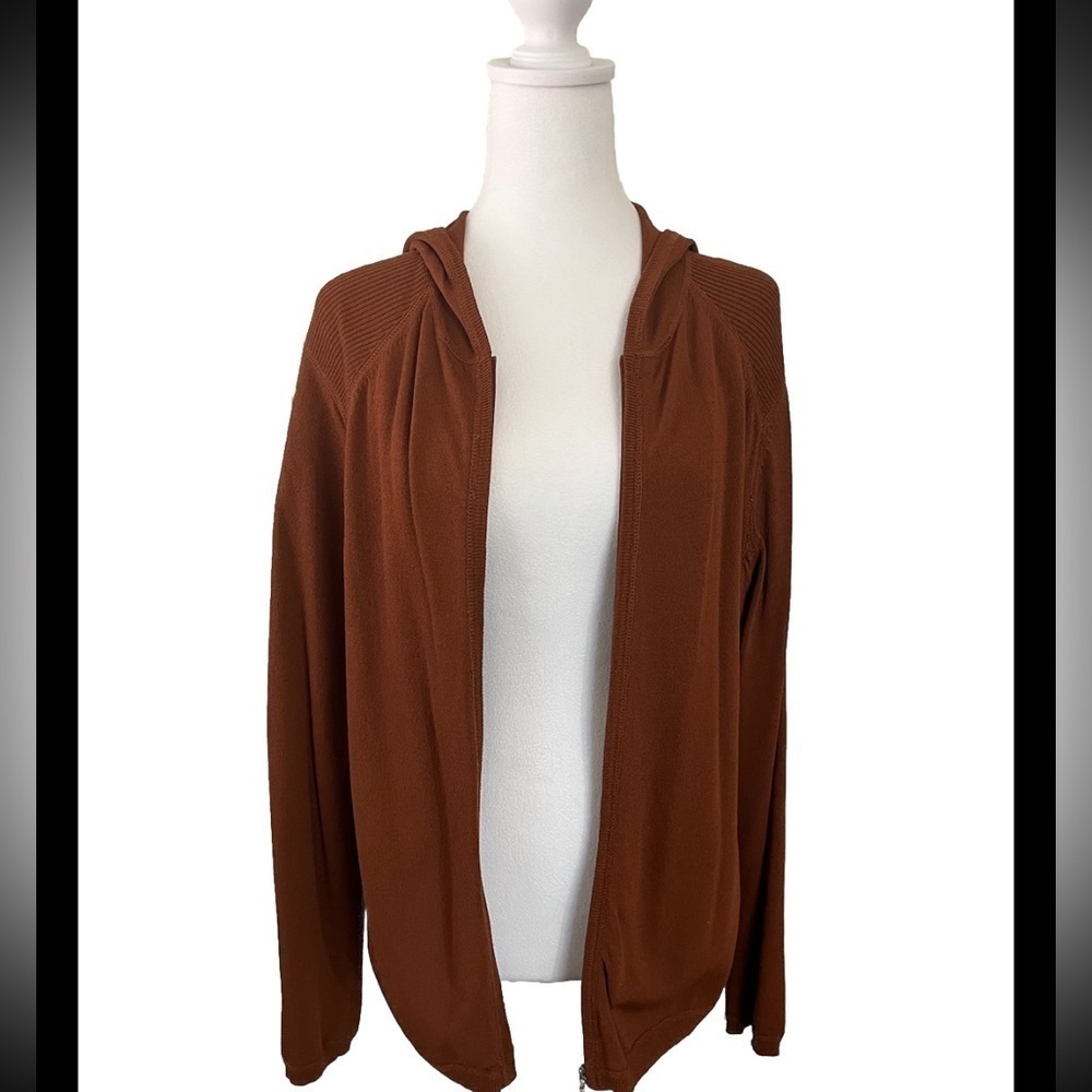 Chico’s 2 Hooded Zip Up Coffee Colored Sweater Large
